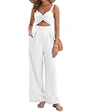 AGERWAY Jumpsuits for Women Dressy Summer Sexy V Neck Twist One Piece Outfits Sleeveless Casual Wide Leg Long Pant Rompers White Jumpsuit 2026 with Pockets Medium