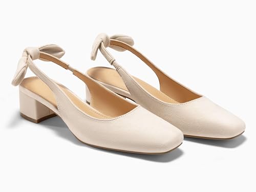 Image of Coutgo Womens Chunky Low Heels Bow Slingback Pumps Closed Square Toe Wedding Party Dress Shoes