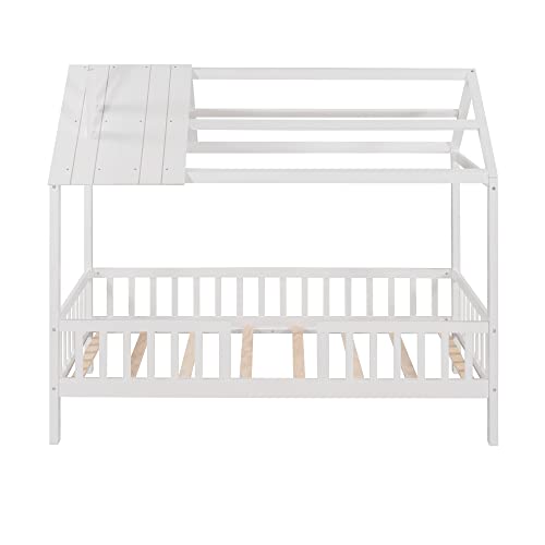 Twin Size House Bed, Wood Low Platform Bed with Fence, Montessori Bed with Roof, Playhouse Design Bed Frame with Solid Wood Slats Support for Child Teens Boys and Girls, No Box Spring Needed, White - Thumbnail 4