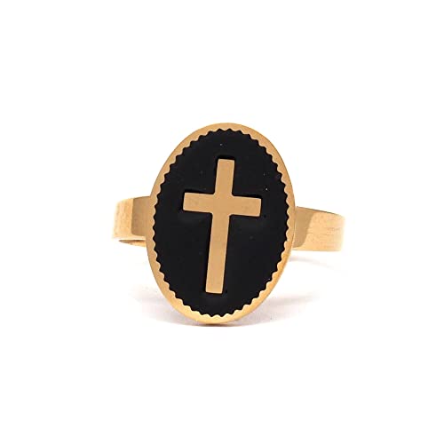 Bague Croix Emaillée en acier inoxydable doré et noir - Ajustable