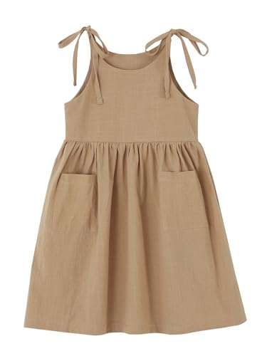 Cyolonni Toddler Baby Girl Cotton Linen Dress Bow Straps Sleeveless Casual Beach Sundress Khaki 90