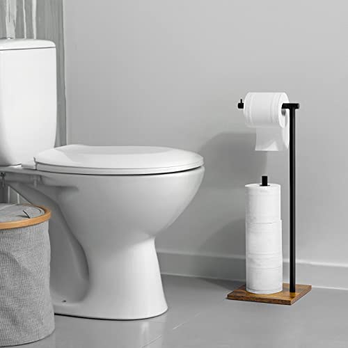 Toilet Paper Holder Stand With Shelf Wood Freestanding Tissue Paper Roll Holder Farmhouse Toilet Paper Standing For Bathroom, Rustic Brown #TOP2