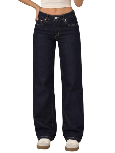 Wanduyini Low Rise Baggy Jeans for Women Y2K Vintage Wide Leg Loose Fit Straight Denim Pants Casual Trousers (Indigo Blue,M)