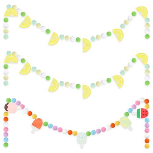Leinuosen 3 Pack Lemon Garland Decoration 6 ft Felt Summer Garland Colorful Fruit Ice Pop Pom Pom Ball Banner Summer Cute Hanging String Decor for Holiday Party Fireplace Classroom Home