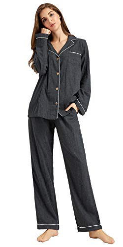 Image of Womens Muslin Pajama Set 100% Cotton Double Gauze Linen Like | Breathable Soft Comfort Button Up Loungewear Sleepwear PJ Set