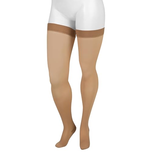 Image of Juzo Basic 4411 Thigh-High, 20-30 mmHg, Closed Toe Compression Stocking with Silicone Top Band - Men & Women, Short, 4 (IV), Beige