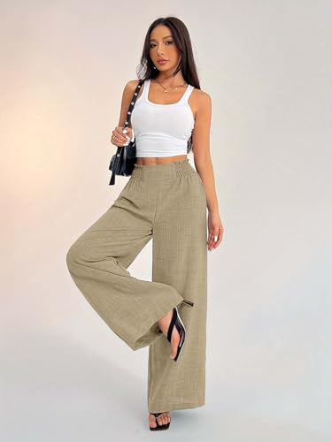 Image of Sugathari Women's Casual Wide Leg Pants - High Waist Elastic Waistband Loose Fit Long Trousers | Lightweight Straight Leg Summer PantsTrouser 254