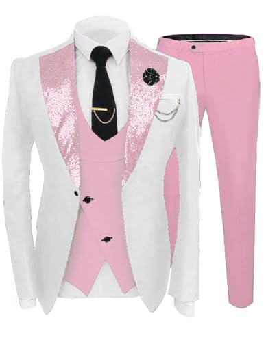 3 Piece Wedding Suit for Men Sequins Lapel Tuxedo Set Slim Fit Dress Prom Suits for Big and Tall STXZ099