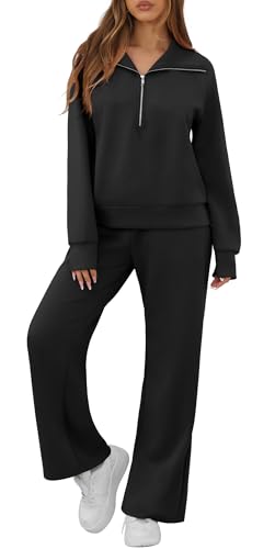 GRECERELLE Lounge Sets For Women 2025 Casual Lapel Half Zip Sweatshirt And Wide Leg Sweatpant 2 Piece Outfits Tracksuit Sets2