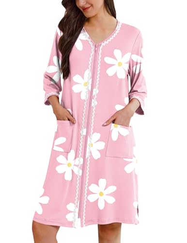 Image of Ekouaer Zipper Robes for Women 3 /4 Sleeves Lightweight House Coat Zip Up Bathrobe Soft Nightgown with Pockets S-3XL