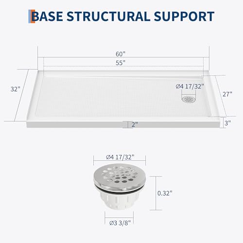 GarveeTech 60\" x 32\" Shower Pan - Right Drain, Non-Slip Textured Surface, ABS Single Threshold Shower Base with Drain Kit, Easy Installation, White - Thumbnail 2