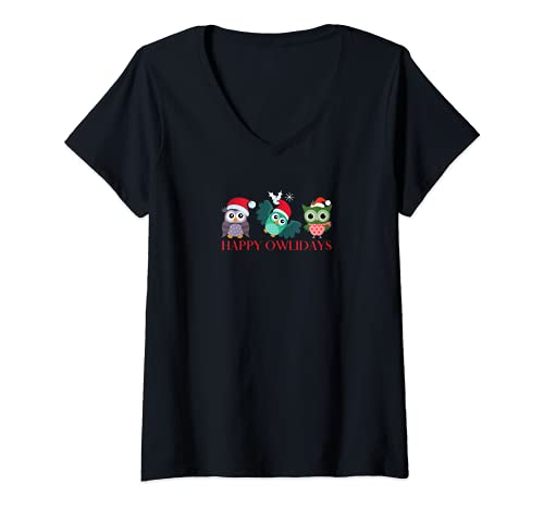 Mujer Felices Owlidays Felices Fiestas Búho Niños Divertidos Búhos Camiseta Cuello V