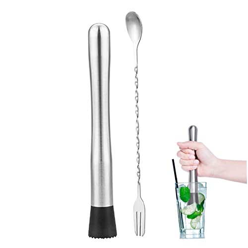 Cocktail Muddler and Bar Spoon 10 Inch Muddler and Cocktail Spoon Cocktail Mixing Spoon Set Stainless Steel Mojito Stirrer Bar Accessories 2Pcs