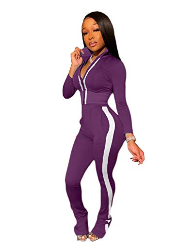 Women 2 Piece Sweatsuit Outfit Long Sleeve Solid Color Zip Up Top + Skinny Long Pants Jogging Suit Tracksuit Set Purple