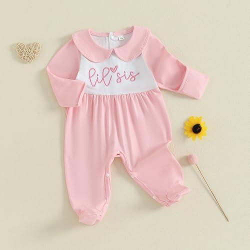 Newborn Baby Girl Footed Romper Onesie Little Sister Embroidery Fall Clothes Coming Home Outfit Vintage Jumpsuit4