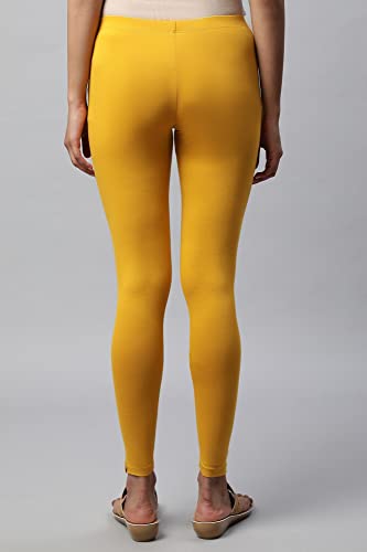 Image of Aurelia Yellow Solid Cotton Blend Leggings for Women
