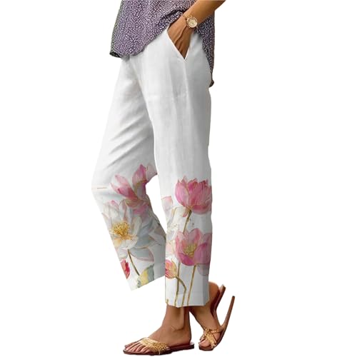 Women's Boho Floral Printed Pants Wildflower Pattern Comfy Trendy Trousers Summer Straight Leg Vacation Outfits