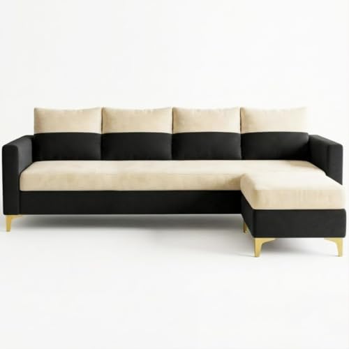 Image of FURNY Canvora 5 Seater L Shape Sofa Set with Movable Ottoman | Flexible Left or Right Layout | Plush Velvet Fabric (Cream-Black) | Perfect for Living Room & Guest Room