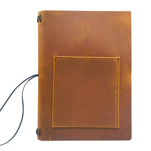 KISSKI A5 Journal Cover for Men, Small Leather Travel Planner Organizer Cover with Phone/Pen Pocket, Travelers Notebook Cover Case for 5.5 x 8.5 Inserts Writing Paper/Note, Gift for Women, Brown