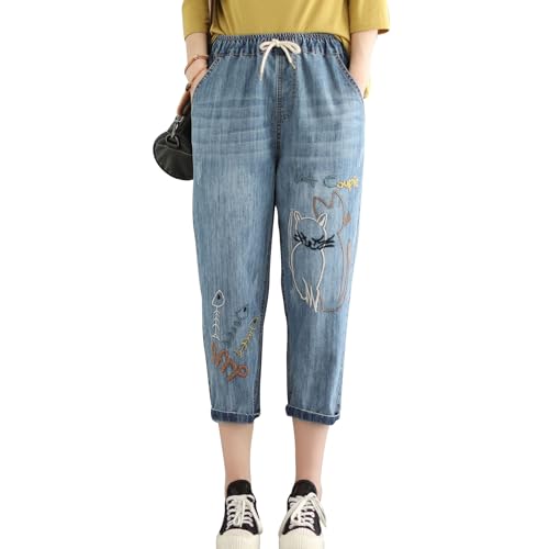 Women's Capri Jeans High Waisted Summer Flower Embroidered Casual Pants