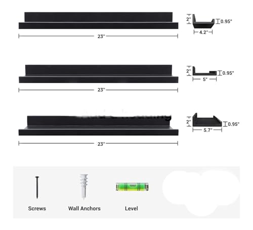 Image of Wooden Floating Wall Shelves Set of 3 for Living Room & Bedroom | Modern Wall Mounted Display Rack for Decor, Photo Frames, Plants & Storage (Black, 23 Inch)