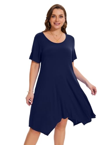 Image of ZENNILO Plus Size Tshirt Dress with Pockets Casual Summer Dresses Crew Neck Short Sleeve Swing Dress for Women