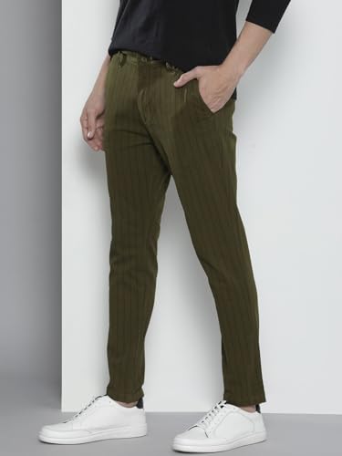 Image of The Indian Garage Co Men Slim Fit Striped Mid-Rise Stretchable Chinos