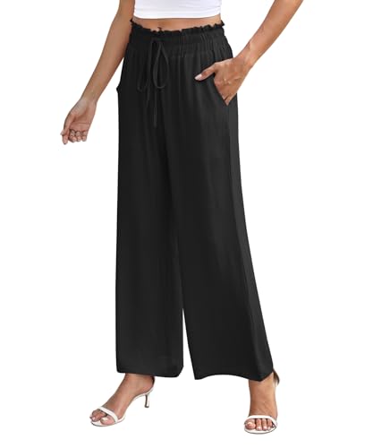 NILOUFO Women's High Waist Wide Leg Pants Elastic Drawstring Casual Loose Flowy Trousers with Pockets3