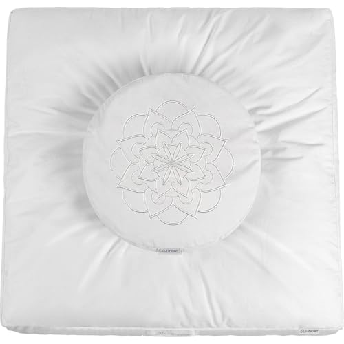 Hihealer Meditation Cushion Set Large Cotton Floor Pillow & Traditional Tibetan Yoga Bolster for Adults Zafu Meditation Mat with Buckwheat Filling (Pure White)