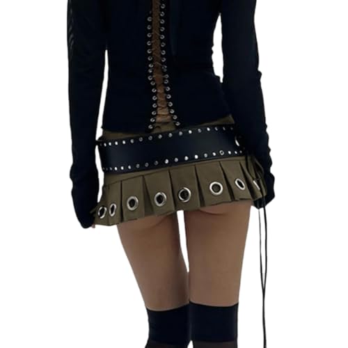 Women's Y2K PU Leather Skirts Low Waisted Studded Belt Pleated Mini Clubwear Skirt3