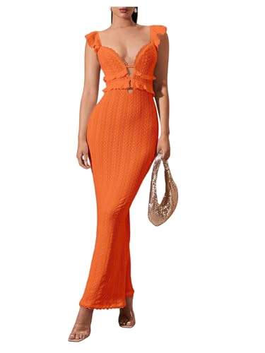 Image of SOLY HUX Women's Maxi Dress Crochet Ruffle Sleeveless Backless Bodycon Long Dresses