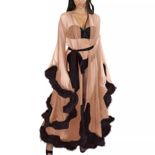 Image of Long Fur Tulle Robe for Women, Maternity Lingerie, Sexy Robe for Maternity Photoshoot
