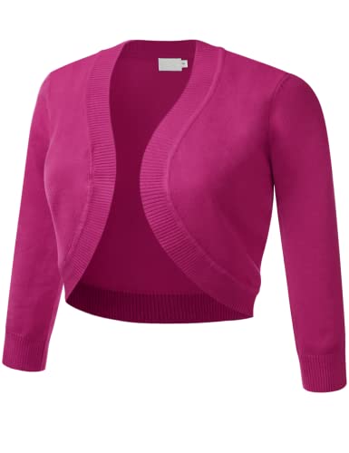 Comfy World Women's Classic 3/4 Sleeve Bolero Shrug Soft Knit Slim Fit Ribbed Hem Open Front Cropped Cardigan Sweater Magenta S #TOP9