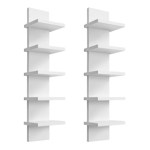 2 Pack 5 Tier Wall Shelf Unit - Narrow Smooth Laminate Finish - Vertical Column Wall Decor Mount...
