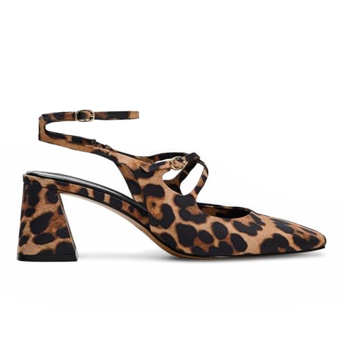 KysBloes Women Square Toe Slingback Heels Chunky Heel Ankle Strap Pumps Patent Leather Mary Janes Leopard Print Pumps with Buckle Shoes2