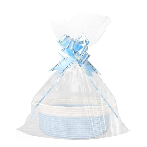 Geschenkkorb Leer, Aufbewahrungskorb, Geflochten Korb für Geschenke mit Geschenktüten und Bändern, Präsentkorb Leer für Geburtstag, Hochzeit, Babyparty, Erntedank, Weihnachten (Blau und Weiß)