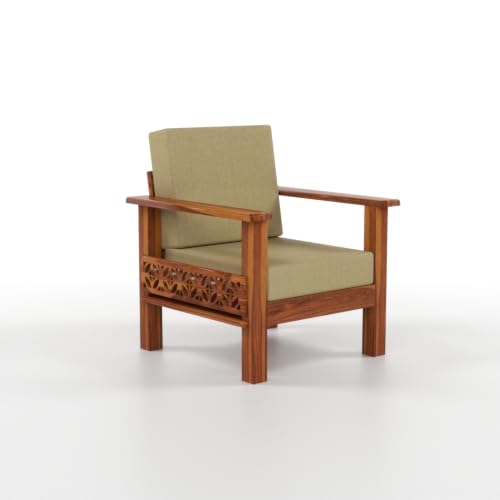 Image of Solid Sheesham Wood 1 Seater Sofa | Modern Wooden Sofa Chair with Upholstered Cushioned Seat & Backrest | Handmade Carved Accent Armchair for Living Room, Bedroom & Office