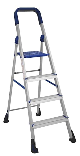 Image of Dynamo - Foldable Aluminium Step Ladder, Safety Clutch Lock, Anti Slip Steps, Knee Guard, Anti Skid PVC Shoes, 4 Steps (Aluminium, Steel, Blue)