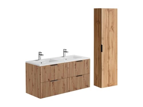Vente-unique - Meuble de Salle de Bain Suspendu strié avec Vasque à encastrer et Colonne - Naturel Clair - 120 cm - ZEVARA