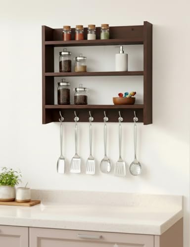 Image of FireBees Wall Mounted Kitchen Organizer Rack Wooden with Hooks | Kitchen Shelf Storage Rack for Spices, Containers & Utensils | Wooden Kitchen Rack Wall Mounted | Kitchen Wall Storage Shelf