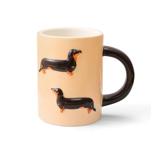 Textured Dachshund Coffee Mug, 16oz Ceramic Cup with 3D Relief Design, Beige with Black Handle Gift for Dog Lovers