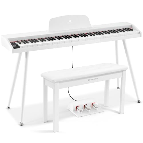 MUSTAR 88 Key Piano Keyboard with Piano Bench, Digital Piano 88 Semi Weighted Keys, Portable Electric Piano with Storage Stool, 3 Pedals, Built-In Speakers, USB/MIDI, White