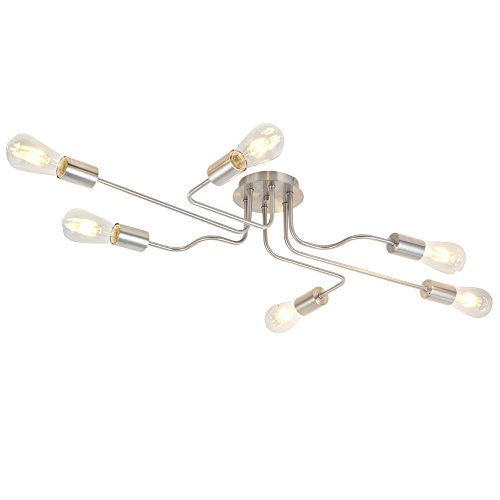 VINLUZ 6 Lights Semi Flush Mount Ceiling Light Modern Metal Art Sputnik Chandelier Lighting Brushed Nickel Industrial Vintage Kitchen Light Fixtures for Dining Room Kitchen Room Bed Room