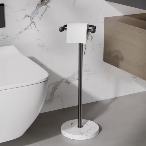 Image of RARXTR Toilet Paper Holder Stand, Bathroom Free Standing Toilet Paper Stand with Modern Marble Base, Post Pivoting Toilet Paper Stand with Stainless Steel Tissue Rack, Rust-Proof & Heavy(Matte Black)