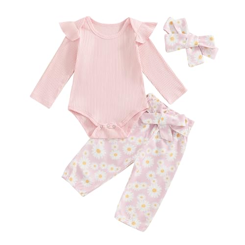 Image of MERSARIPHY Newborn Baby Girl Fall Outfit Cute Ribbed Ruffle Long Sleeve Romper Daisy Floral Pants Set Winter Infant Clothes