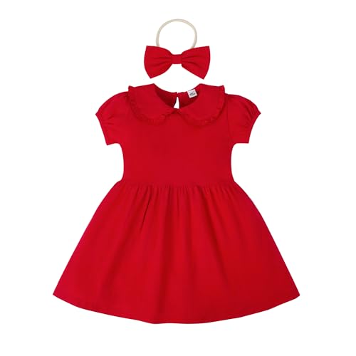 LYSMuch 18M-5T Toddler Girls Short Sleeve Dresses Peter Pan Collared Dress Solid Color Puff Playwear Outfit with Headband