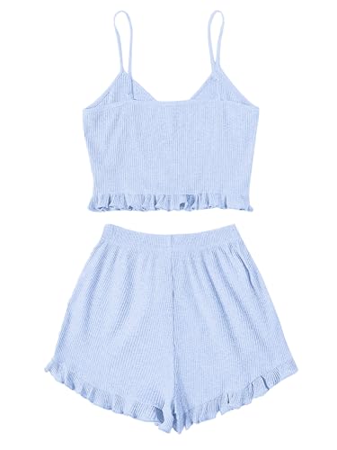 Image of Avanova Women Sexy 2 Piece Pajama Set Ruffle Trim Cami Top and Shorts Sleepwear Set