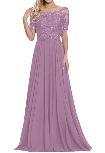 Chiffon Mother of The Bride Dresses Women's Lace Applique Beaded Formal Dresses Short Sleeve Evening Gowns
