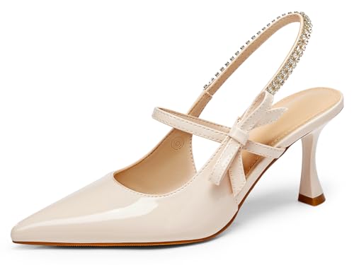 Coutgo Womens Slingback Kitten Heels Mary Jane Shoes Bow Crystal Closed Pointed Toe Pumps Wedding Party Dress Shoes