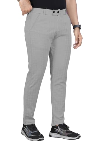 Image of Mehrang Men's Casual Textured Regular Fit Trousers, Formal Pants with Button Closure, Side Pockets, Polyester Trouser for Men